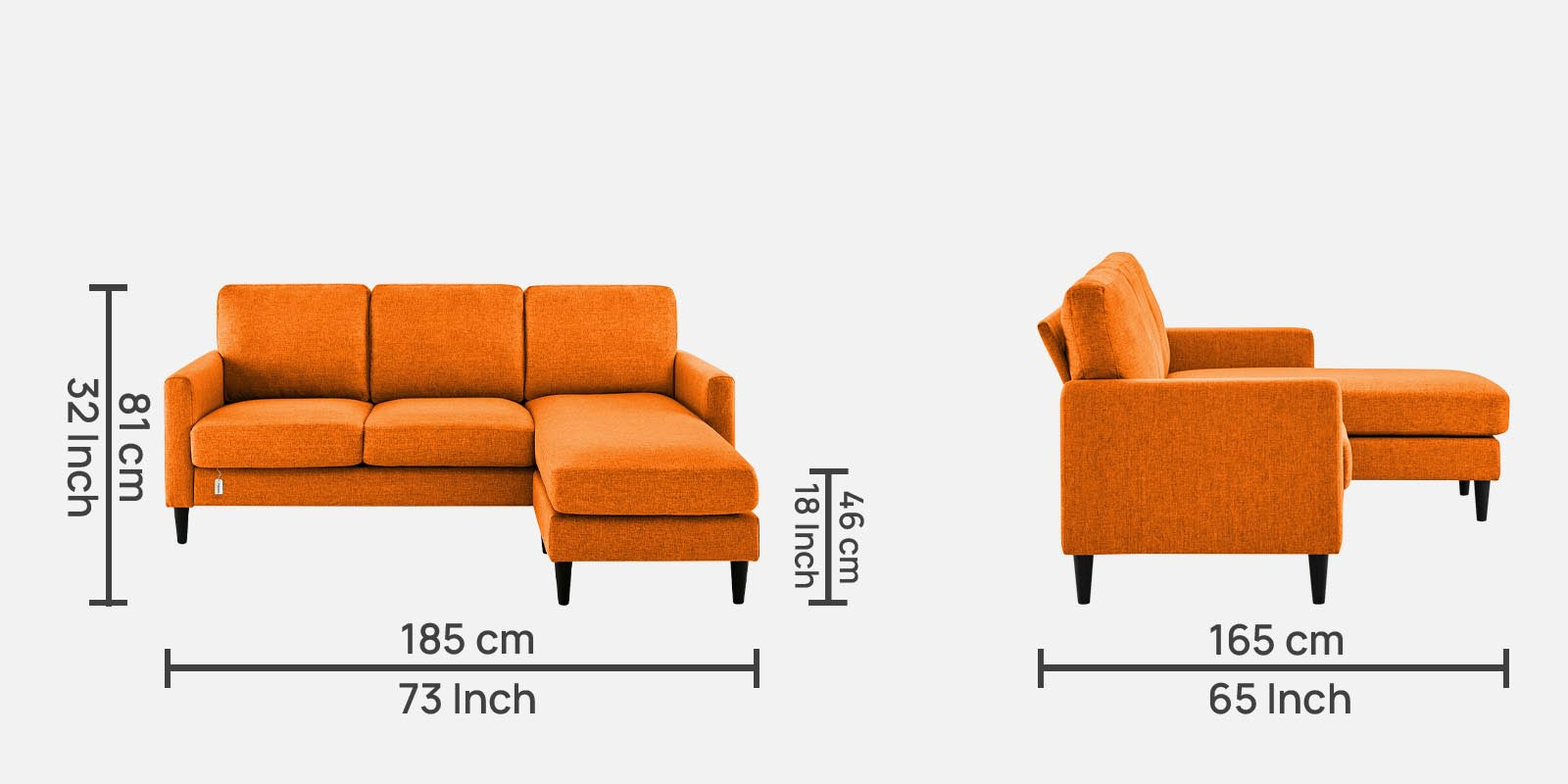 Romie Fabric LHS Sectional Sofa (2+Lounger) in Vivid Orange Colour