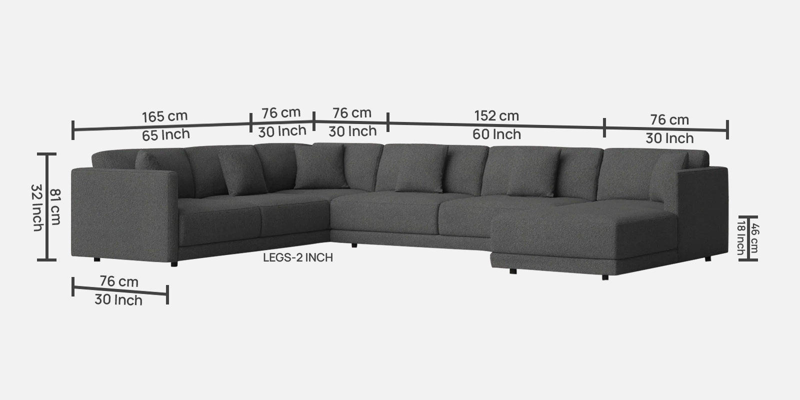 Carlin Fabric LHS 8 Seater Sectional Sofa In Charcoal Grey Colour