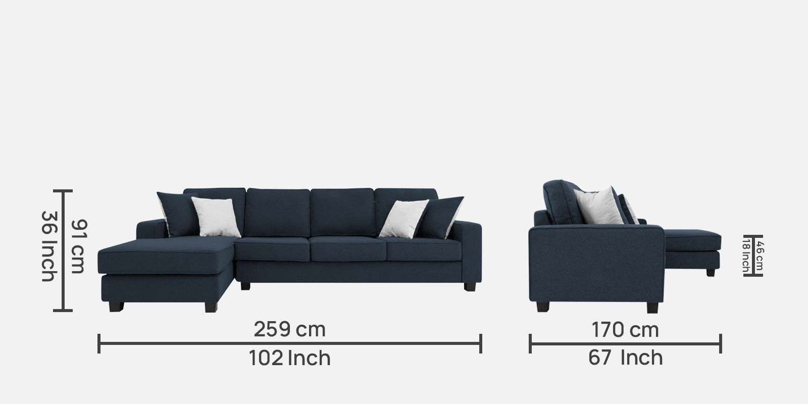 Ladybug Fabric RHS Sectional Sofa (3+Lounger) In Denim Blue Colour