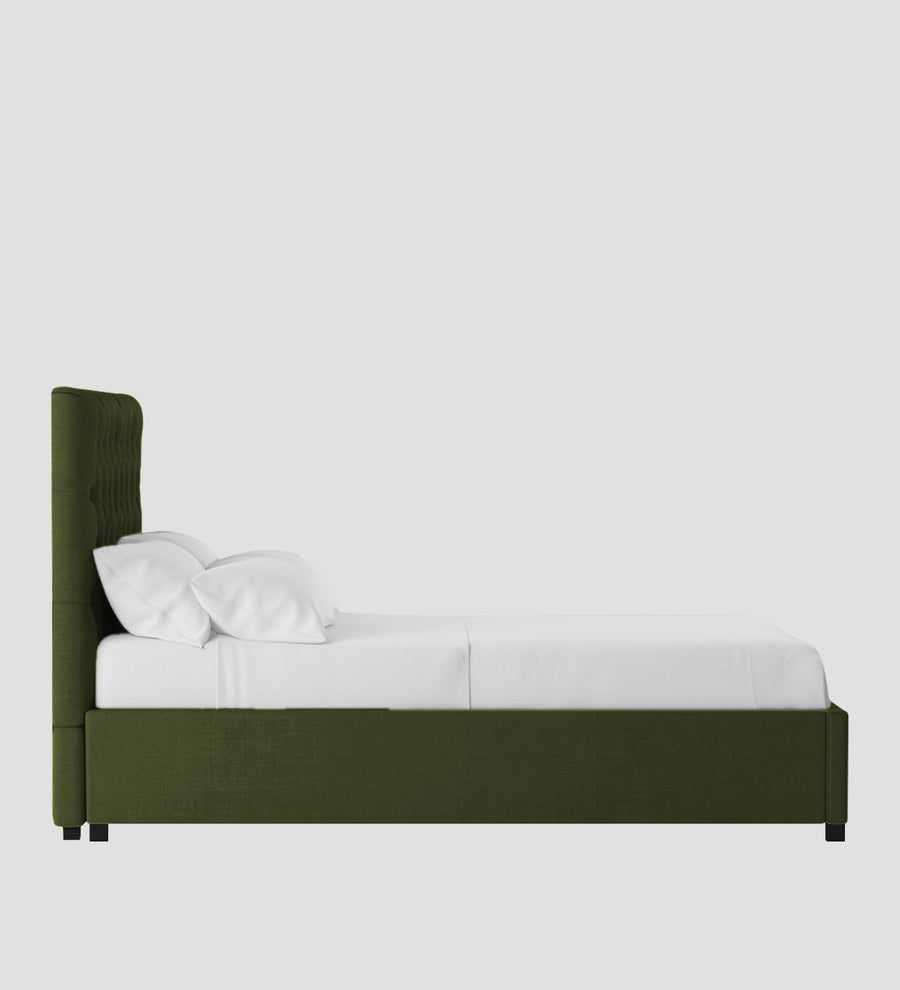 Isko Fabric Upholstered King Size Bed In Olive Green Colour With Box Storage - Febonic Living