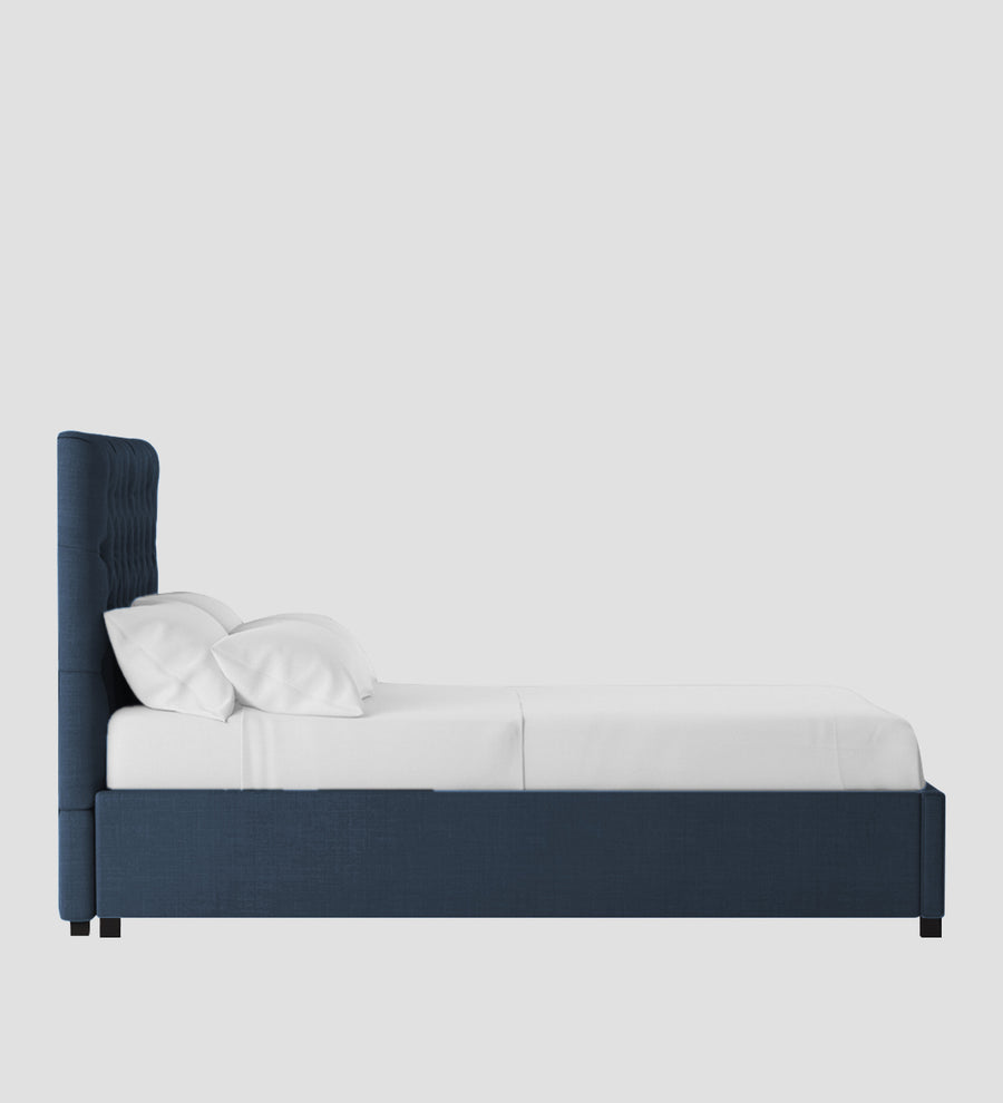 Isko Fabric Upholstered King Size Bed In Denim Blue Colour With Box Storage - Febonic Living