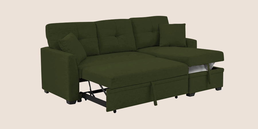 Jody Fabric 3 Seater Pull Out Sofa Cum Bed In Olive Green Colour With Storage - Febonic Living