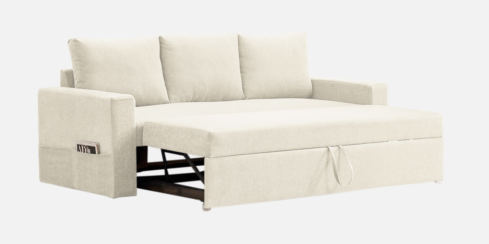 Kara Fabric 3 Seater Pull Out Sofa Cum Bed in Ivory Cream Colour