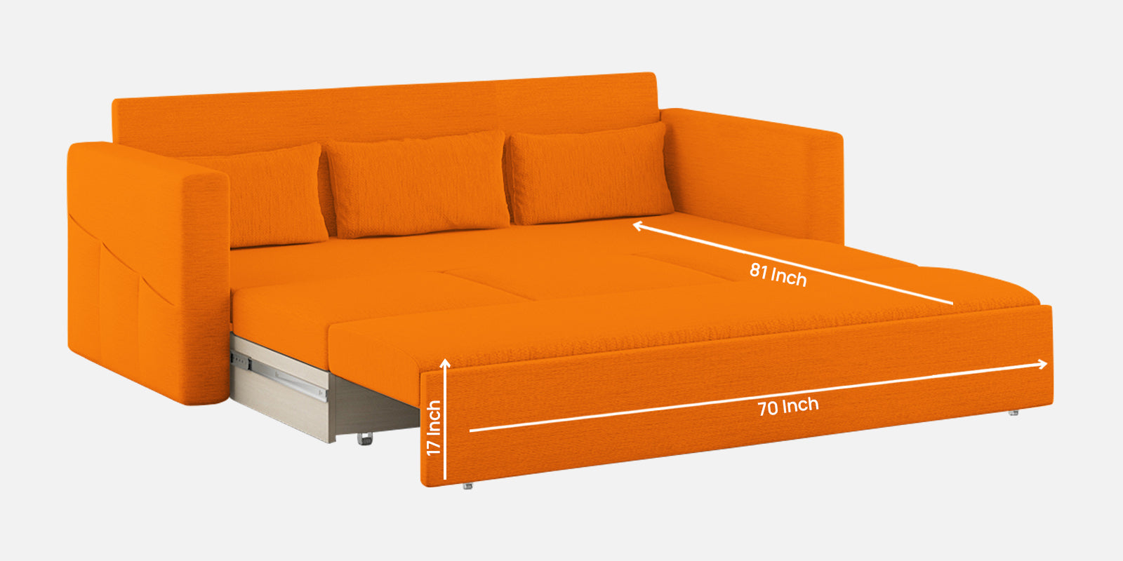 River Fabric 3 Seater Pull Out Sofa Cum Bed In Vivid Orange Colour