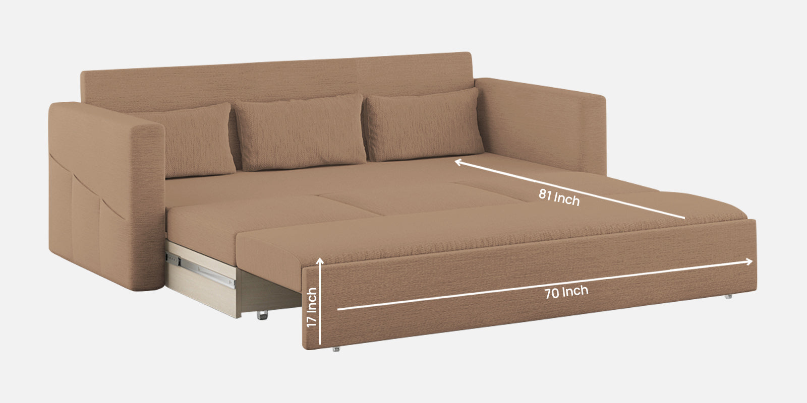 River Fabric 3 Seater Pull Out Sofa Cum Bed In Cookie Beige Colour