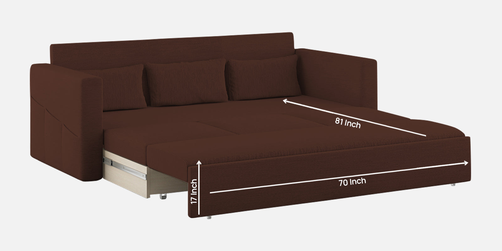 River Fabric 3 Seater Pull Out Sofa Cum Bed In Coffee Brown Colour