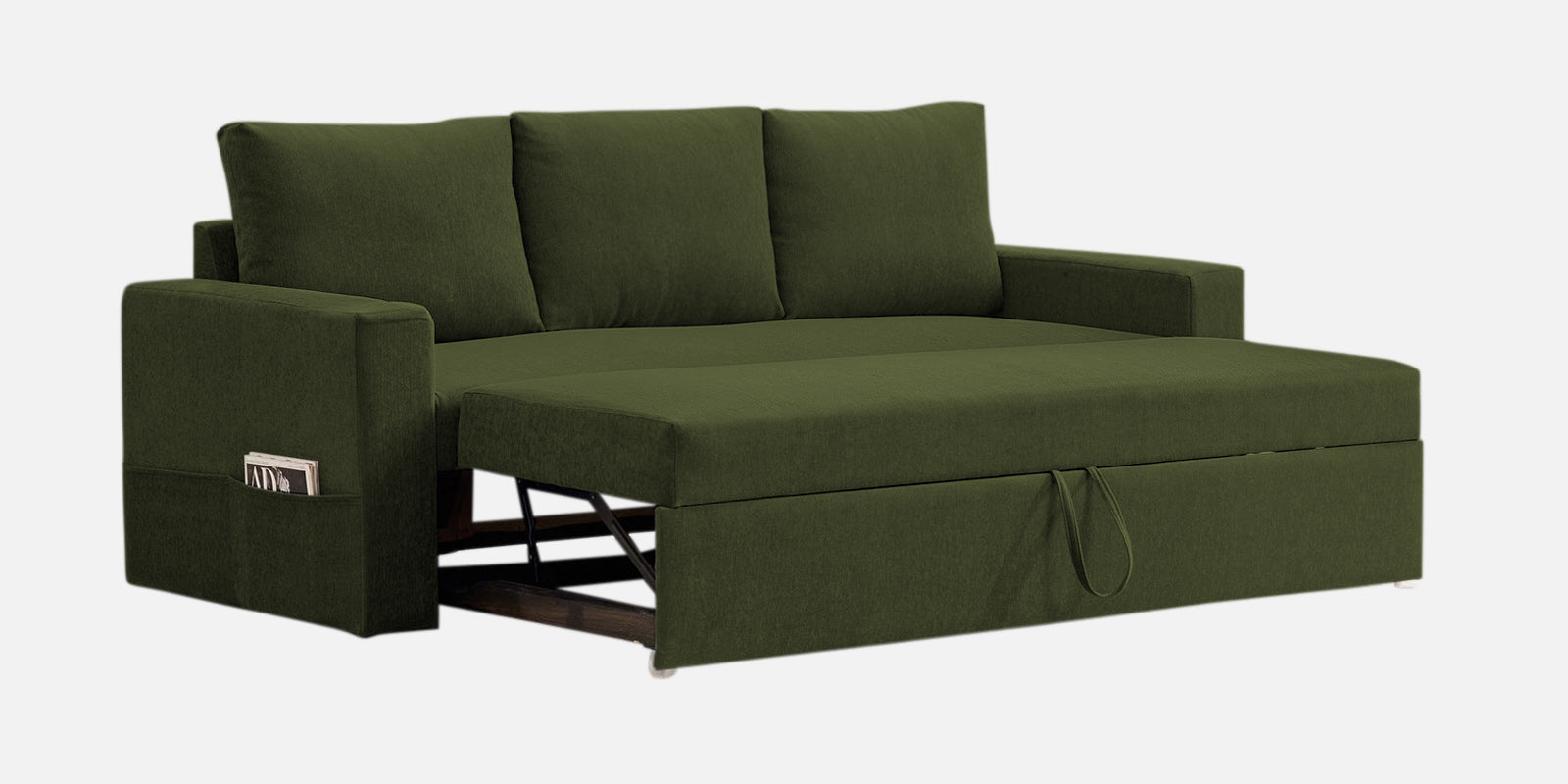 Kara Fabric 3 Seater Pull Out Sofa Cum Bed in Olive Green Colour