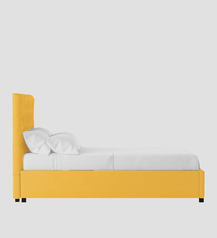 Isko Fabric Upholstered King Size Bed In Bold Yellow Colour With Box Storage - Febonic Living