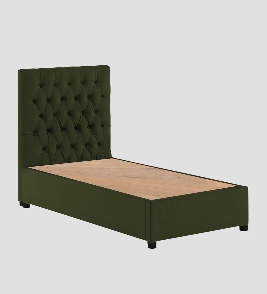 Isko Fabric Upholstered Single Size Bed In Olive Green Colour With Box Storage - Febonic Living