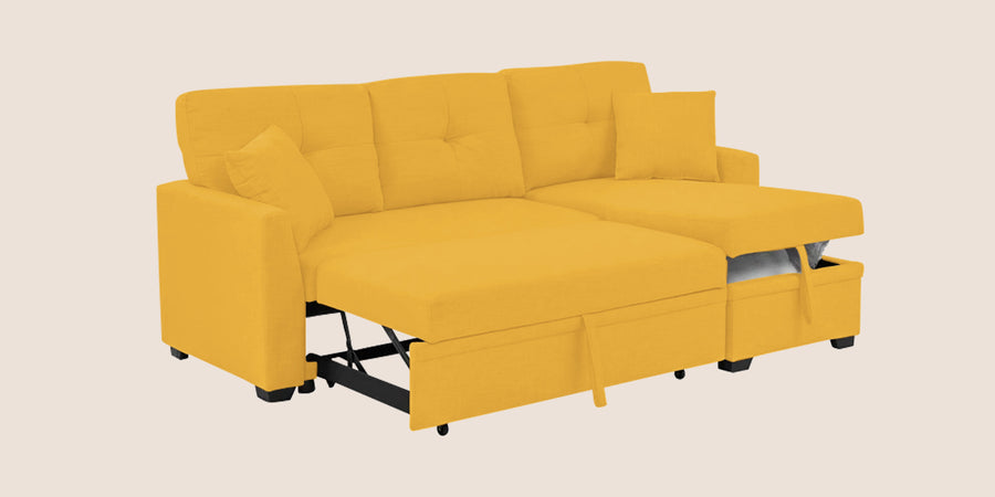 Jody Fabric 3 Seater Pull Out Sofa Cum Bed In Bold Yellow Colour With Storage - Febonic Living