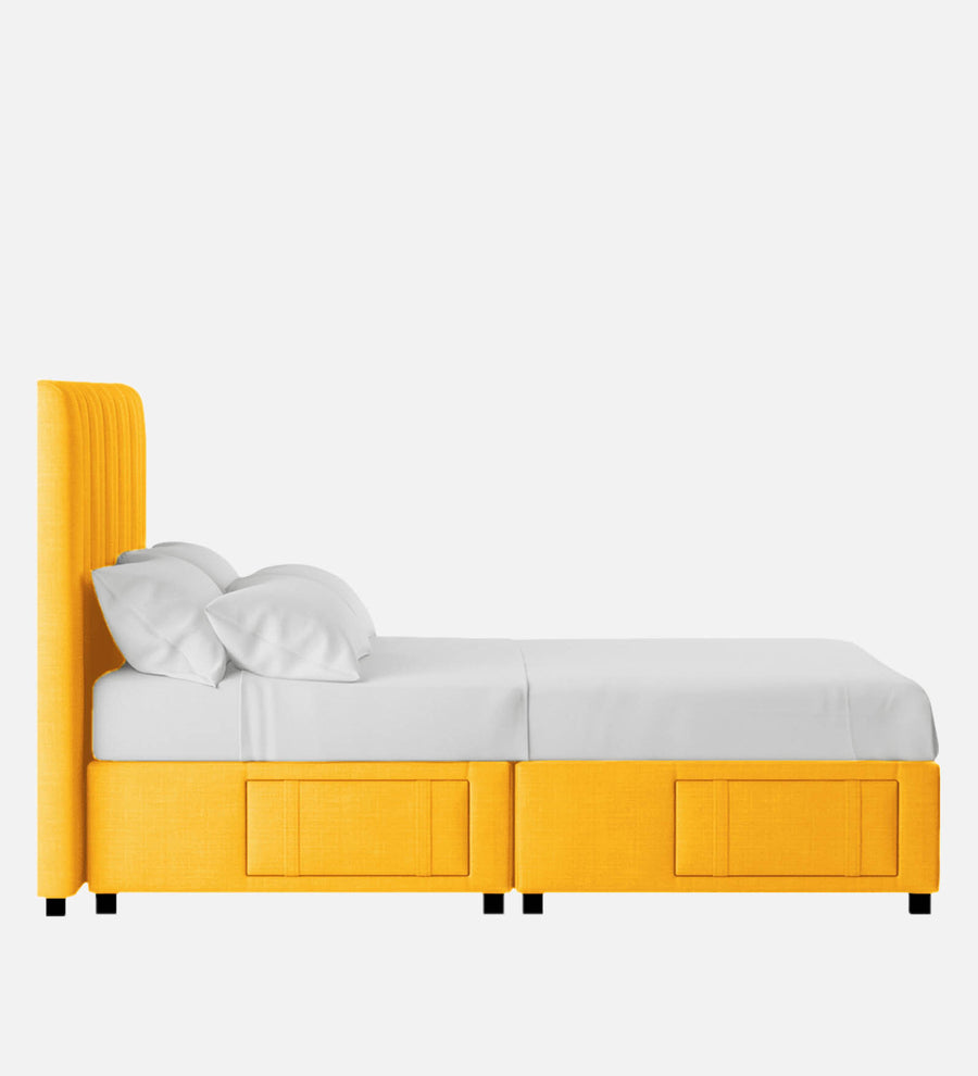 Nivi Fabric Upholstered Queen Size Bed In Bold Yellow Colour With Drawer Storage - Febonic Living