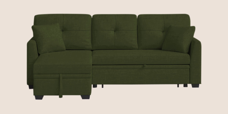 Jody Fabric 3 Seater Pull Out Sofa Cum Bed In Olive Green Colour With Storage - Febonic Living