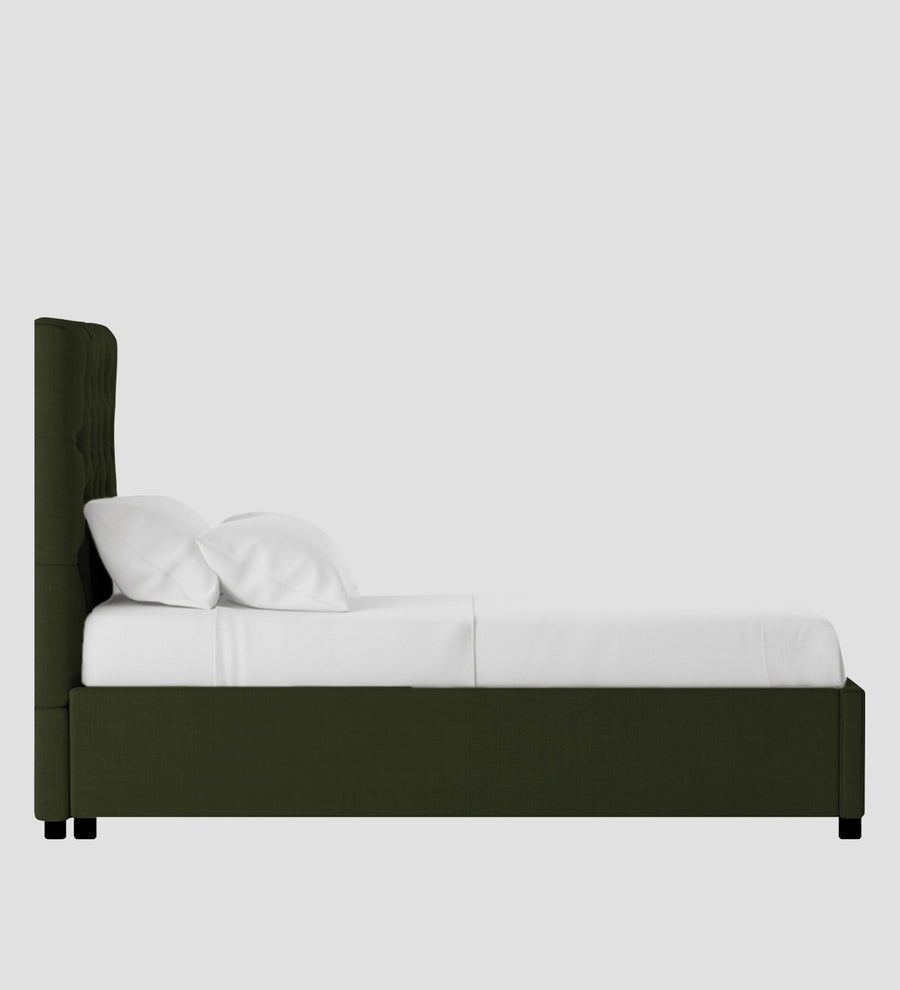 Isko Fabric Upholstered Single Size Bed In Olive Green Colour With Box Storage - Febonic Living