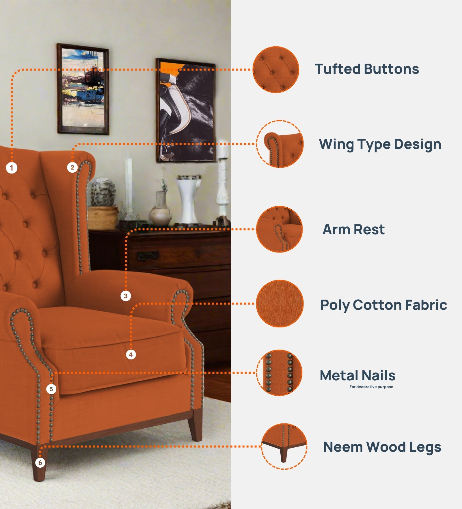 Nory Fabric 1 Seater Wing Chair in Coffee Brown Colour