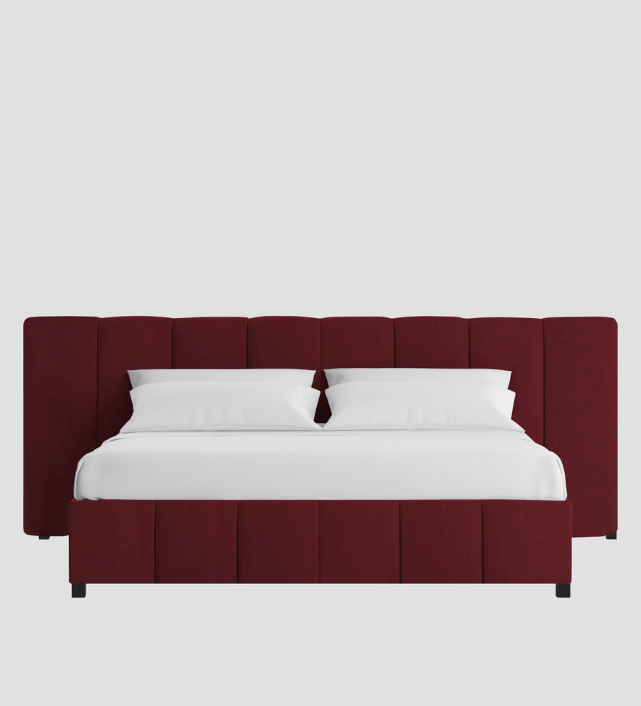 Nora Fabric Upholstered King Size Bed In Blood Maroon Colour With Box Storage - Febonic Living