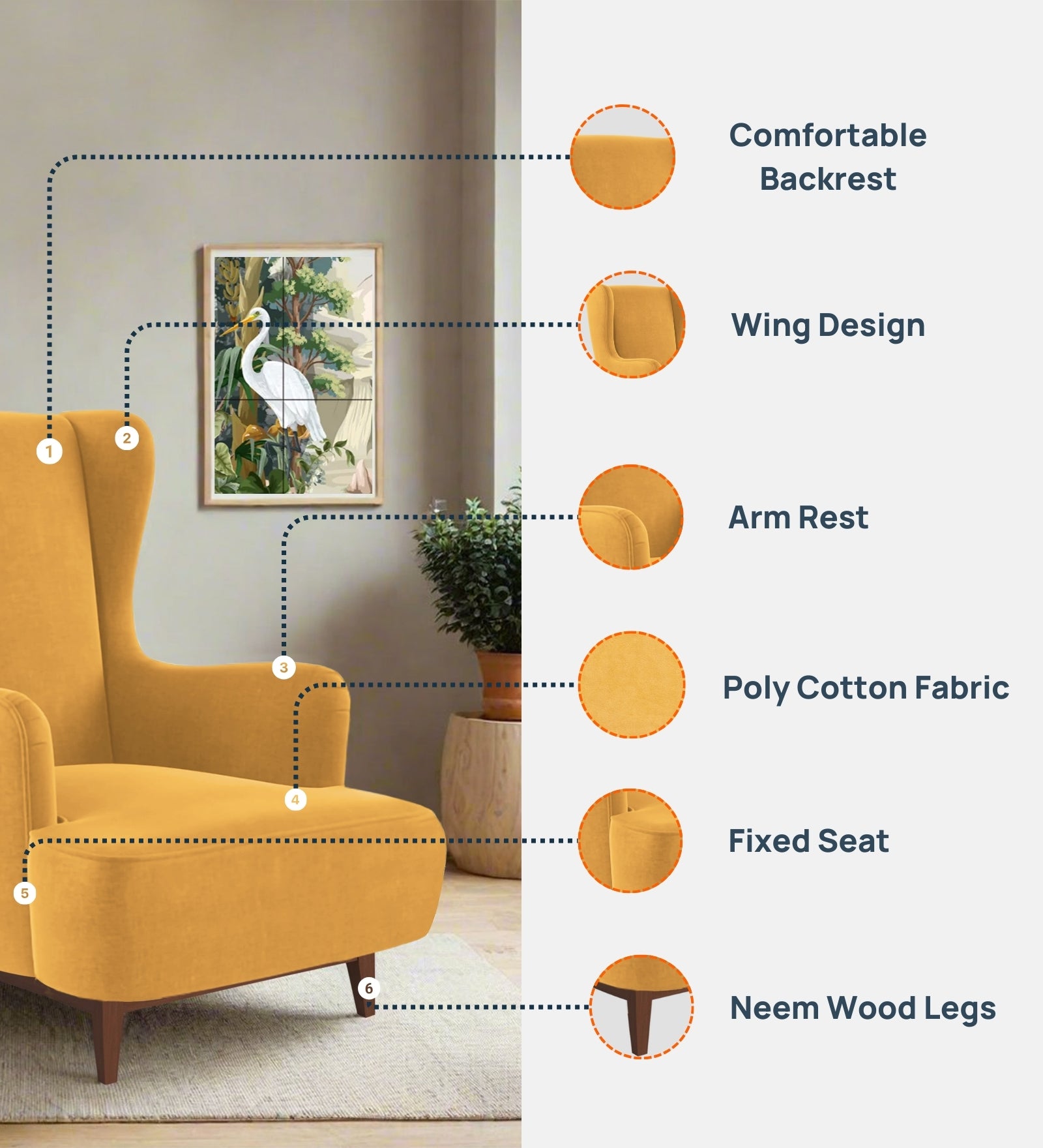 Suri Velvet 1 Seater Wing Chair in Turmeric yellow Colour