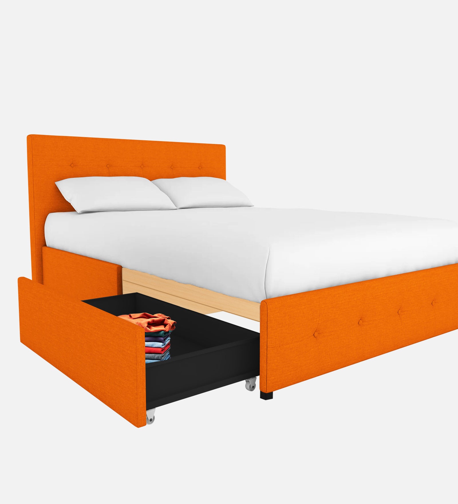 Lido Fabric Queen Size Bed In Vivid Orange Colour With Storage