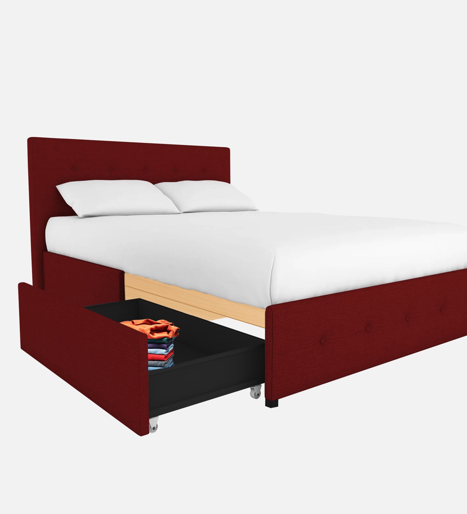 Lido Fabric Queen Size Bed In Blood Maroon Colour With Storage