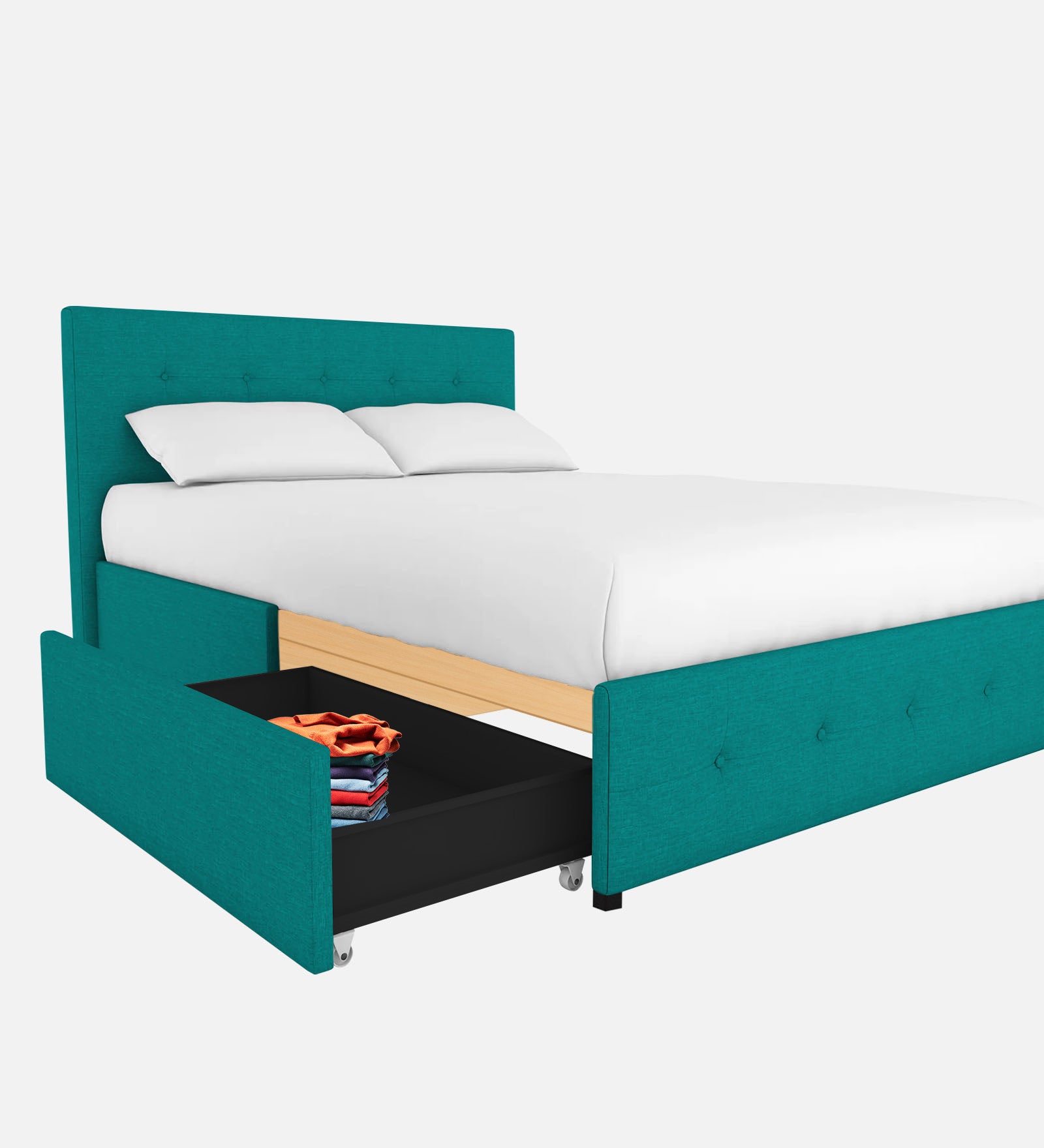 Lido Fabric Queen Size Bed In Sea Green Colour With Storage