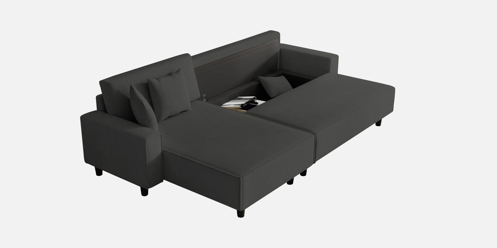 Peach Fabric RHS 6 Seater Sectional Sofa Cum Bed With Storage In Charcoal Grey Colour