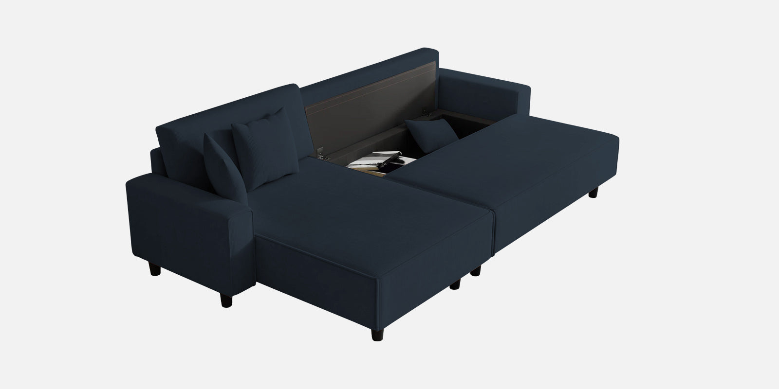 Peach Fabric RHS 6 Seater Sectional Sofa Cum Bed With Storage In Denim Blue Colour