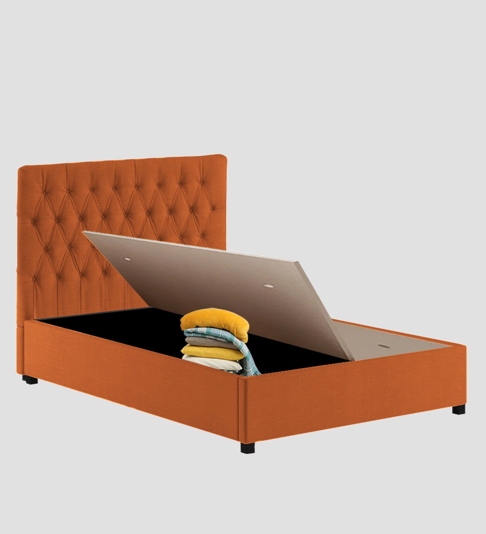 Isko Fabric King Size Bed In Vivid Orange Colour With Storage Box - Febonic Living