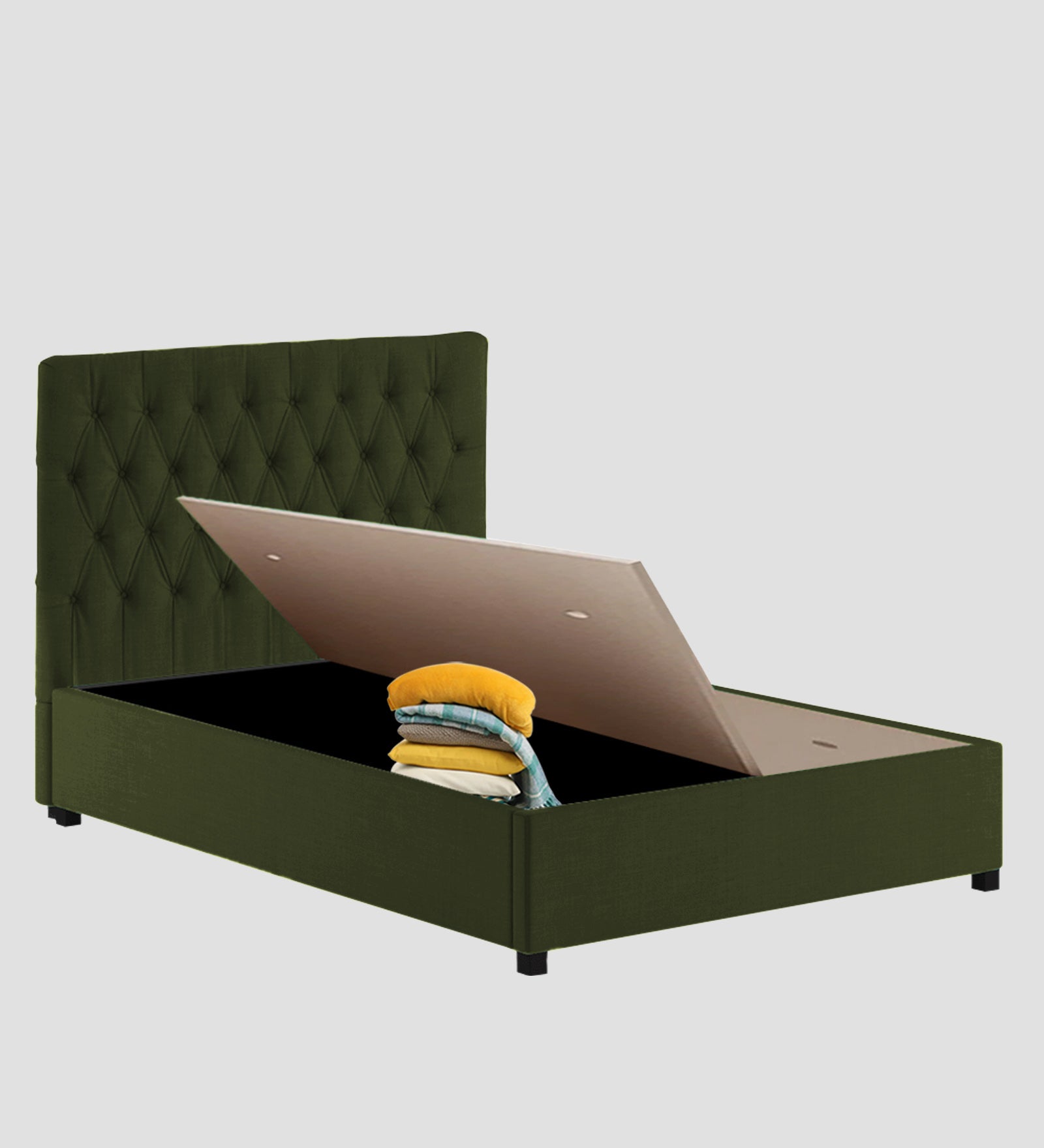 Isko Fabric King Size Bed In Olive Green Colour With Storage Box - Febonic Living