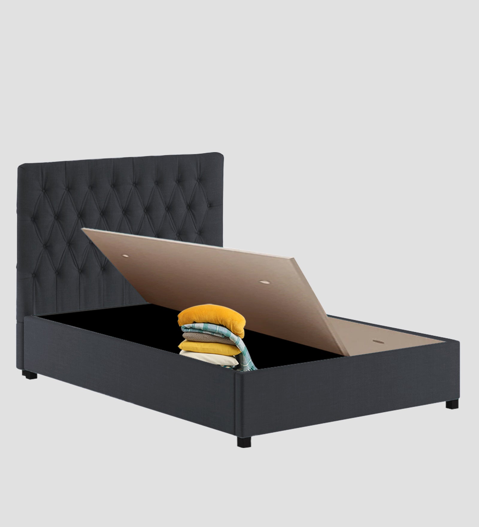 Isko Fabric King Size Bed In Charcoal Grey Colour With Storage Box - Febonic Living
