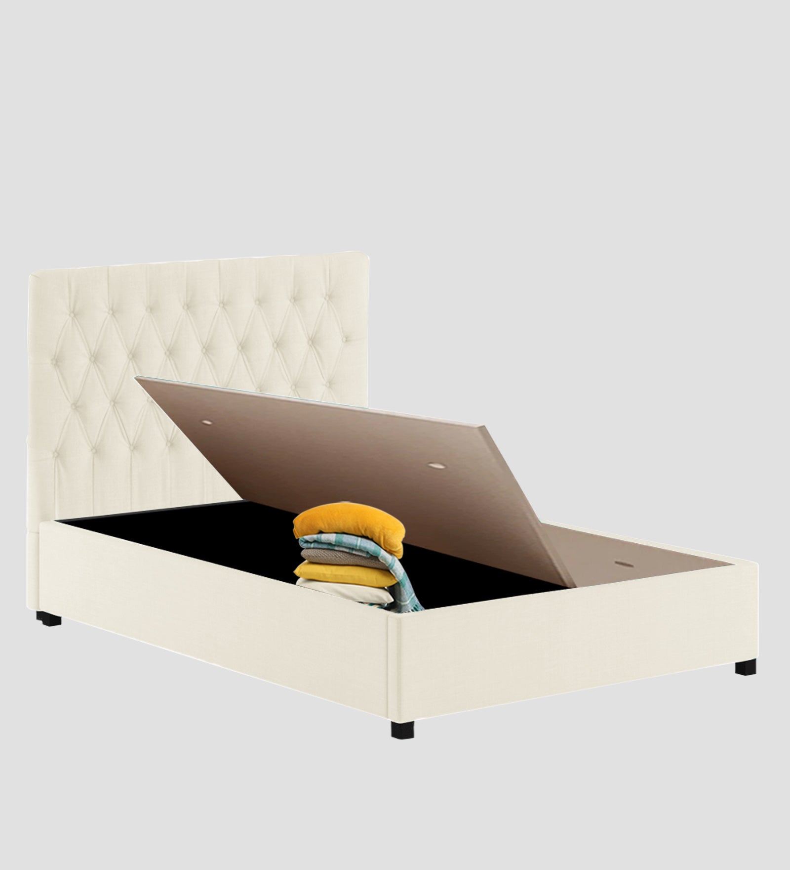 Isko Fabric King Size Bed In Ivory Cream Colour With Storage Box - Febonic Living