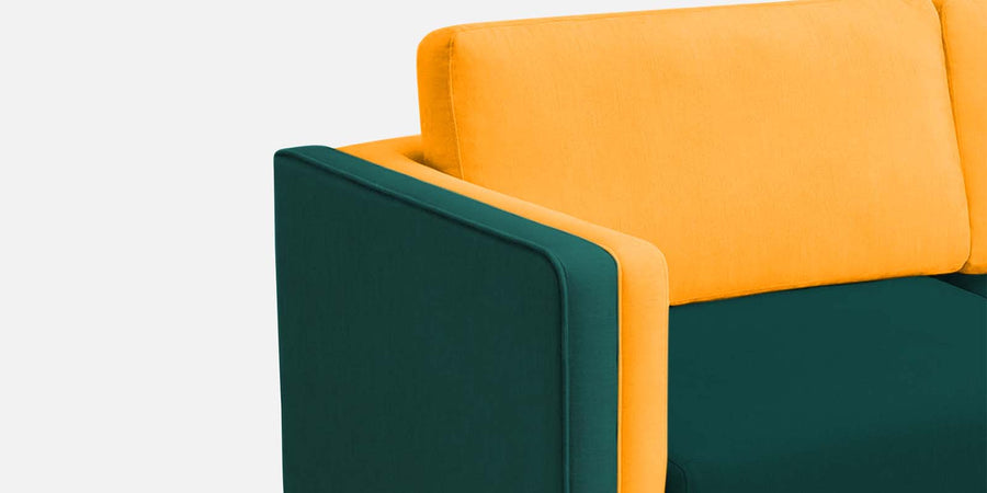 Visky Velvet 2 Seater Sofa In Saffron Yellow And Amazon Green Colour - Febonic Living