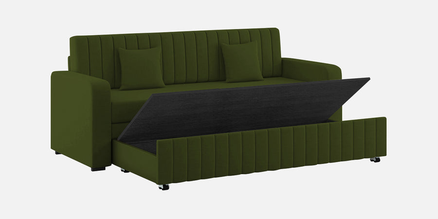 Calra Fabric 3 Seater Pull Out Sofa Cum Bed In Olive Green Colour With Storage - Febonic Living
