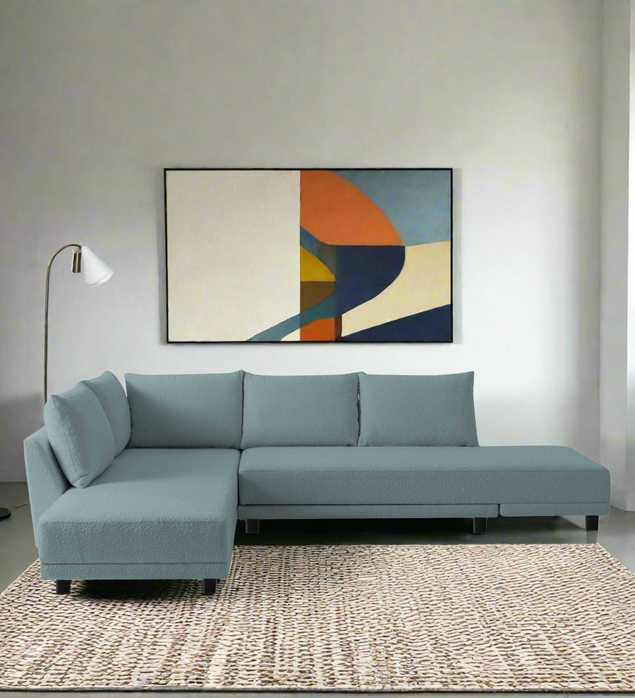Ira Boucle Fabric Rhs 6 Seater Convertible Sofa Cum Bed In Stormy Blue Colour - Febonic Living