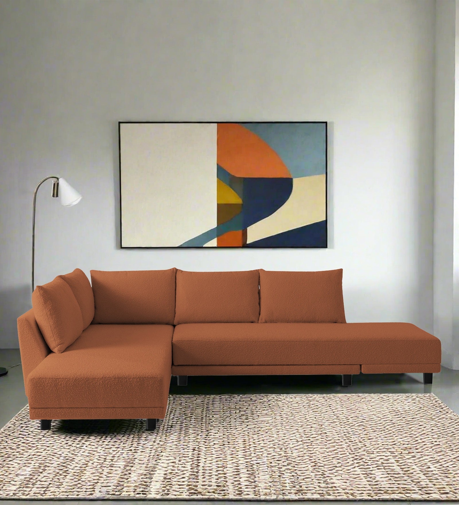 Ira Boucle Fabric RHS 6 Seater Convertible Sofa Cum Bed In Light Orange  Colour - Febonic Living