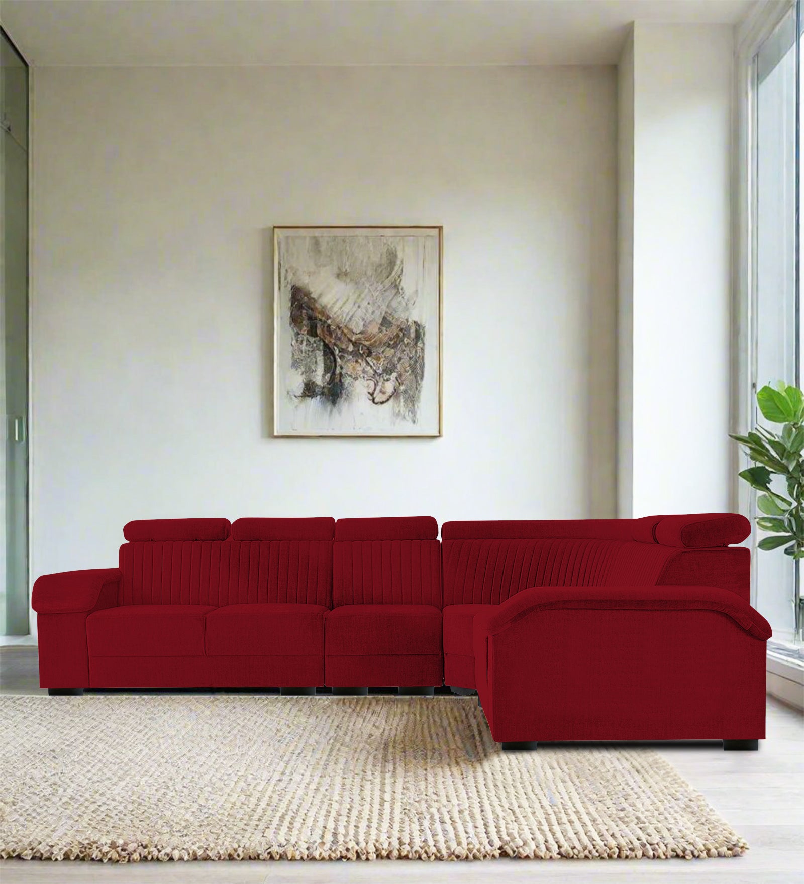 Draco Fabric 6 Seater Corner Sofa In Ruby Red Colour