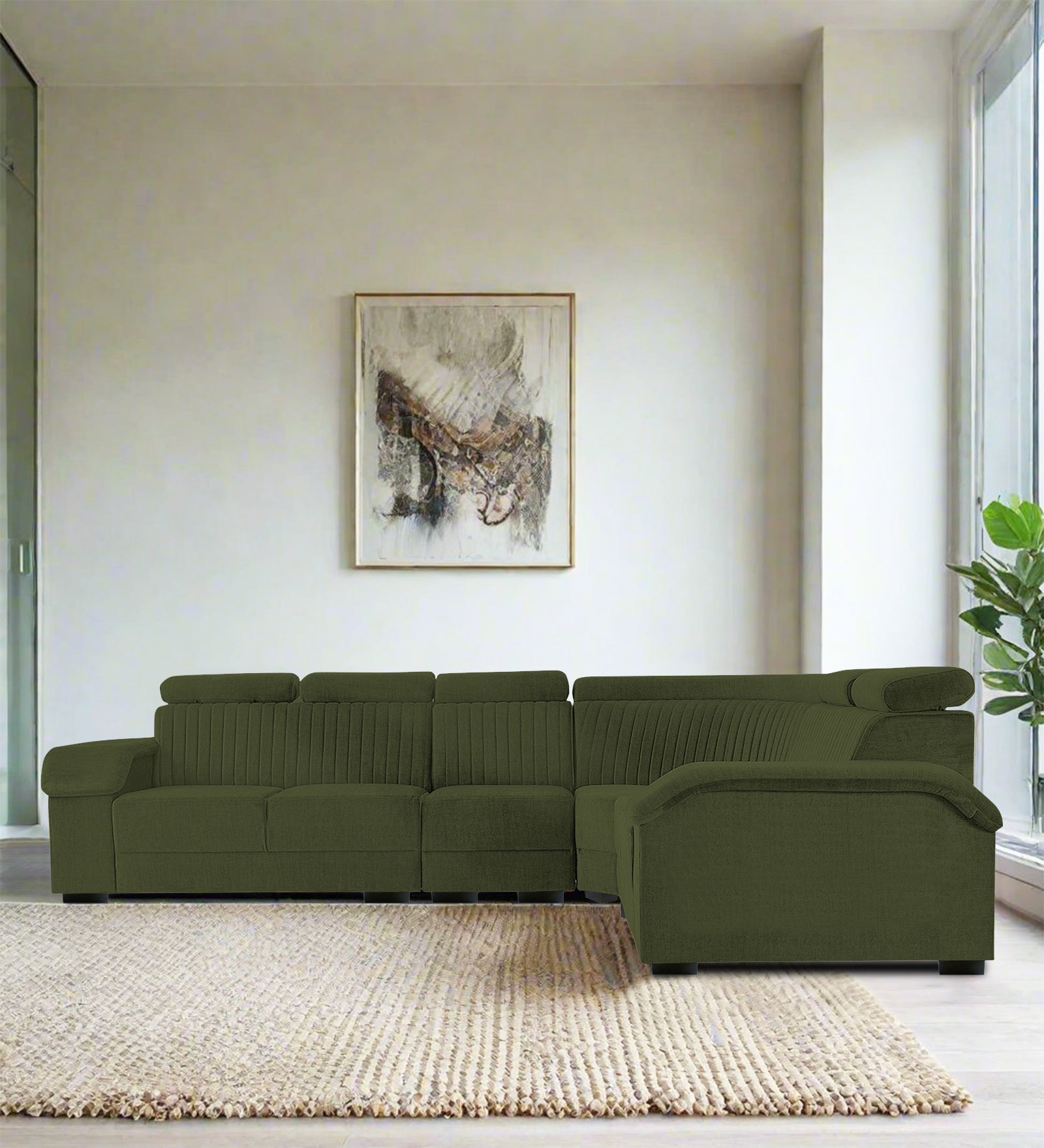 Draco Fabric 6 Seater Corner Sofa In Olive Green Colour