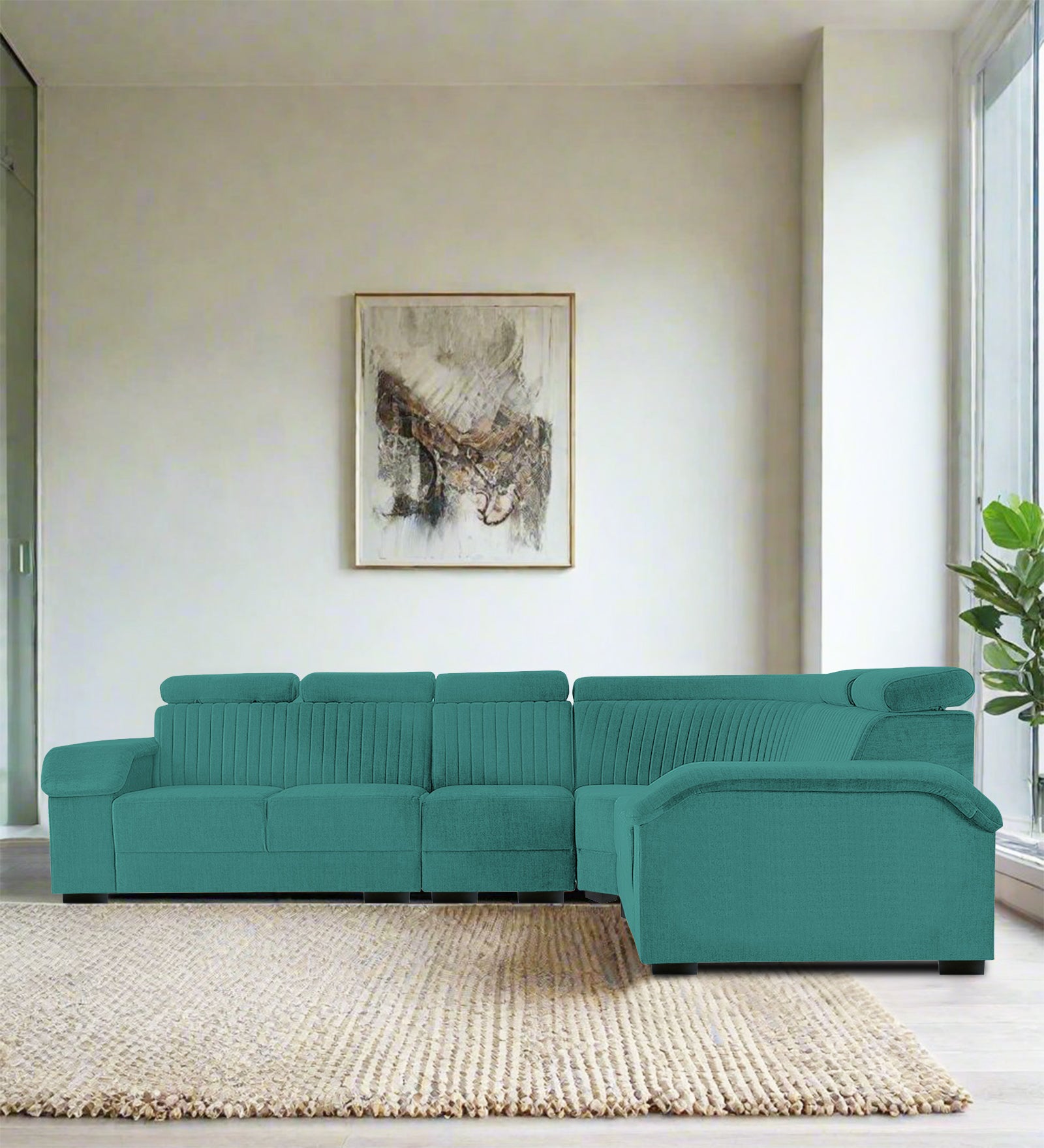 Draco Fabric 6 Seater Corner Sofa In Sea Green Colour