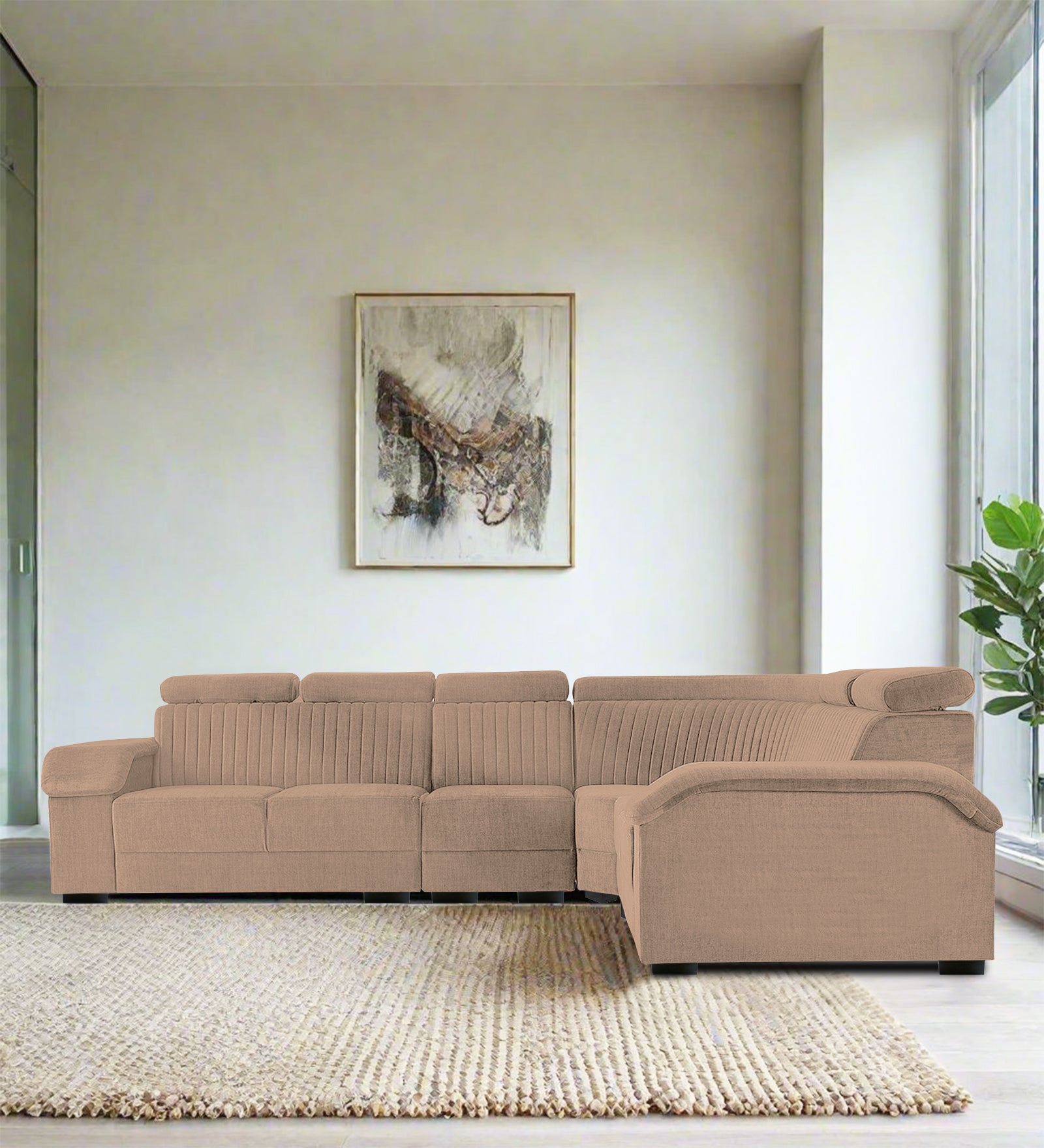 Draco Fabric 6 Seater Corner Sofa In Cookie Beige Colour