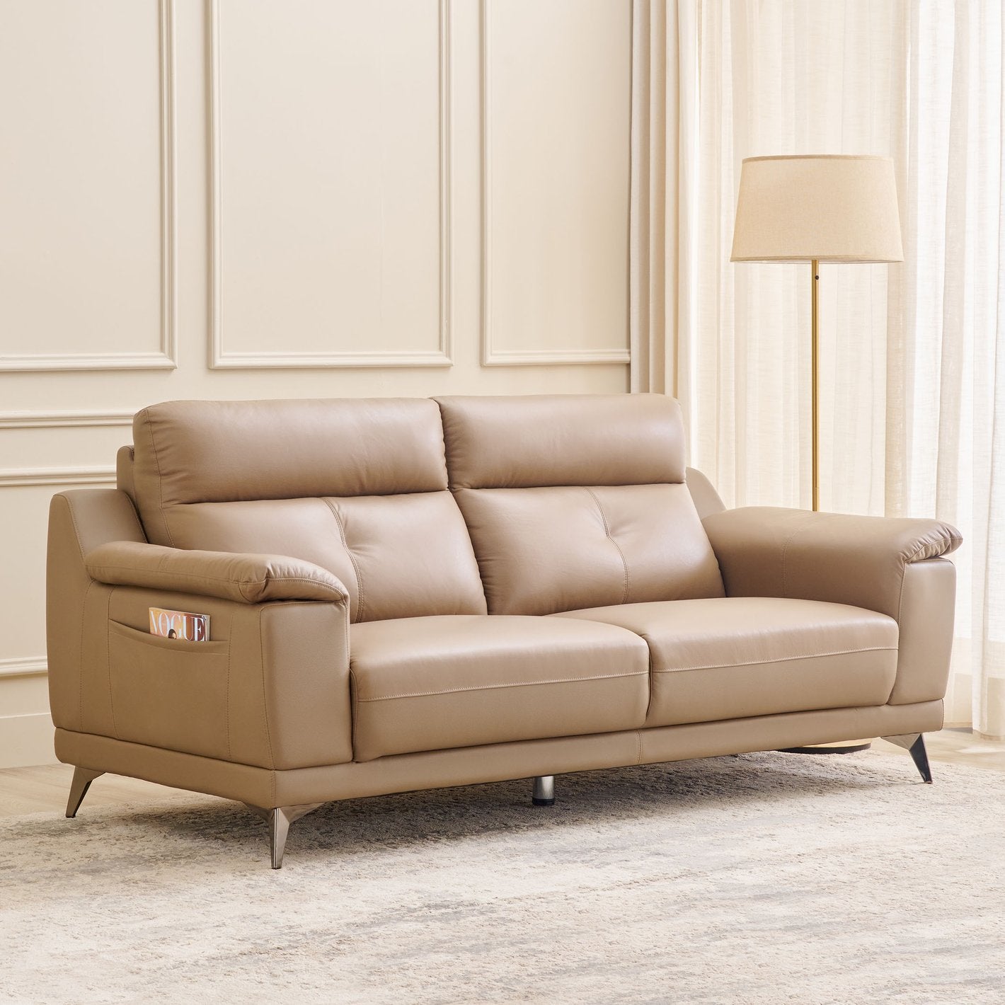 Arya Leatherette 3 Seater Sofa In Sepia Beige Colour