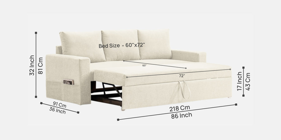 Kara Fabric 3 Seater Pull Out Sofa Cum Bed In Ivory Cream Colour - Febonic Living