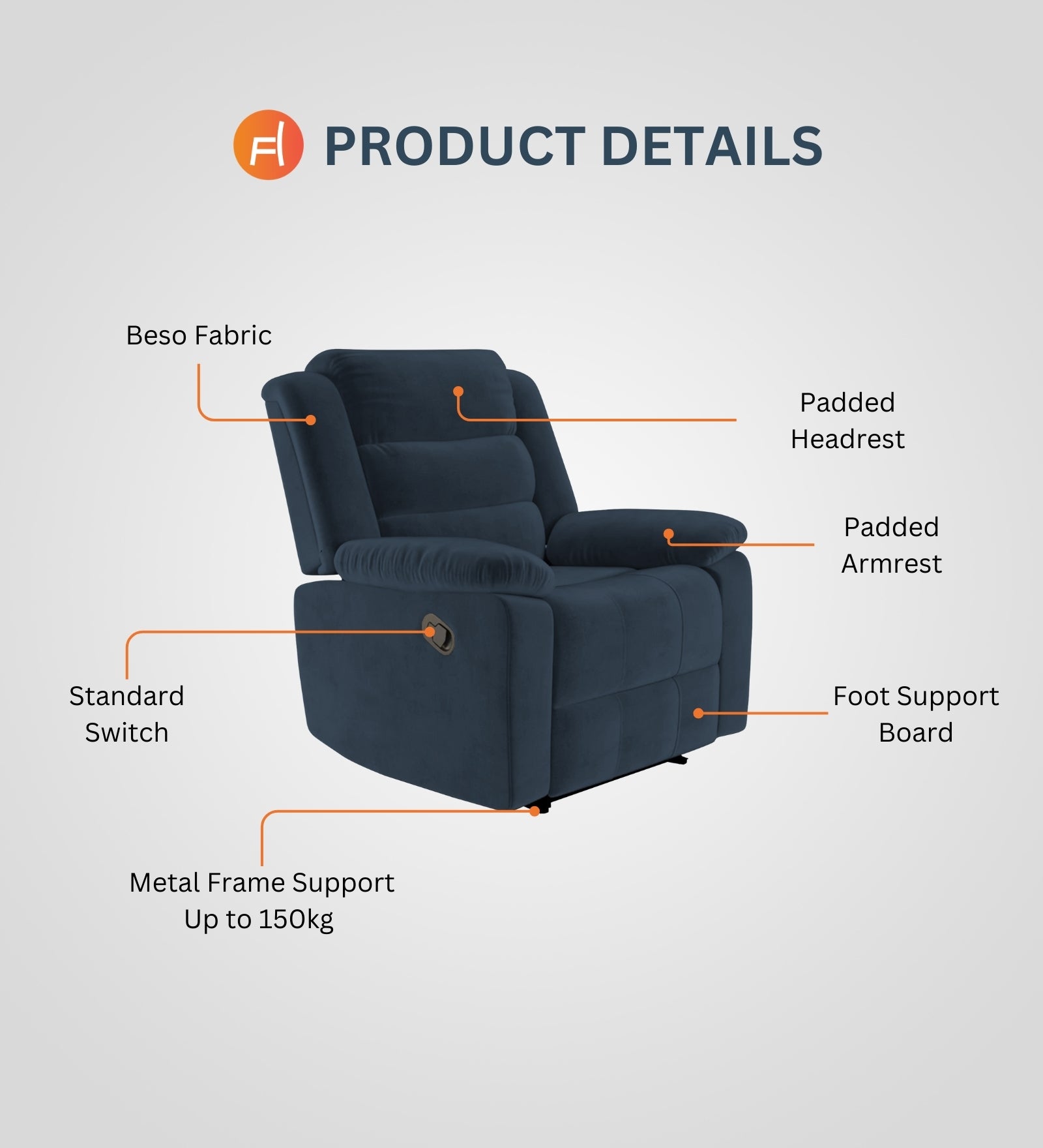 Erra Fabric Manual 1 Seater Recliner In Denim Blue Colour