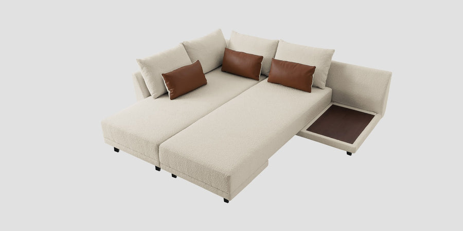 Ira Boucle Fabric Rhs 6 Seater Convertible Sofa Cum Bed In Shell White Colour - Febonic Living