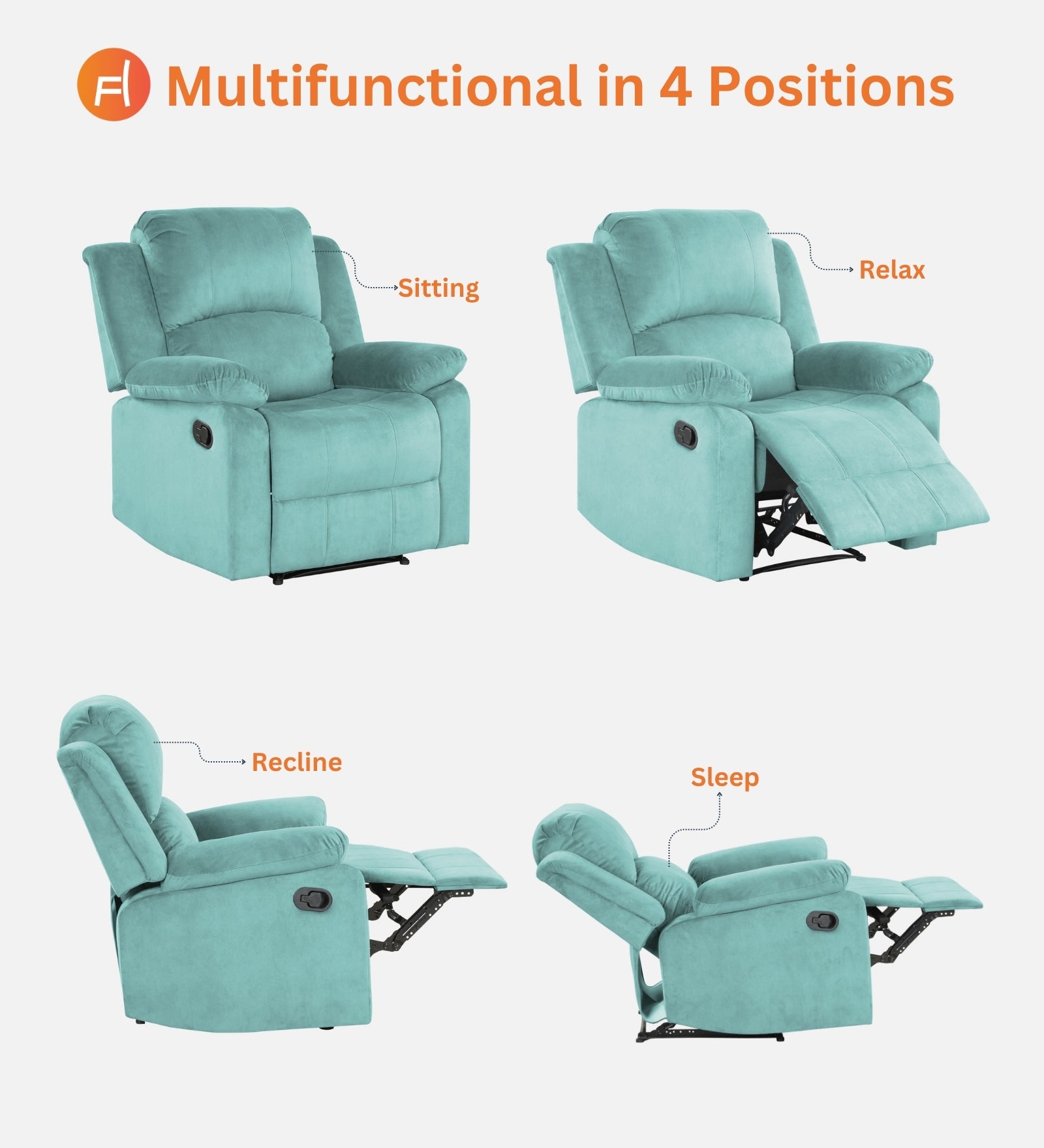 Henry Velvet Manual 1 Seater Recliner In Aqua blue Colour