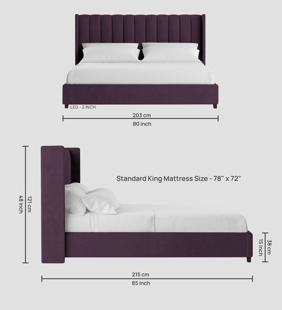Colina Fabric Upholstered King Size Bed In Greek Purple Colour With Box Storage - Febonic Living
