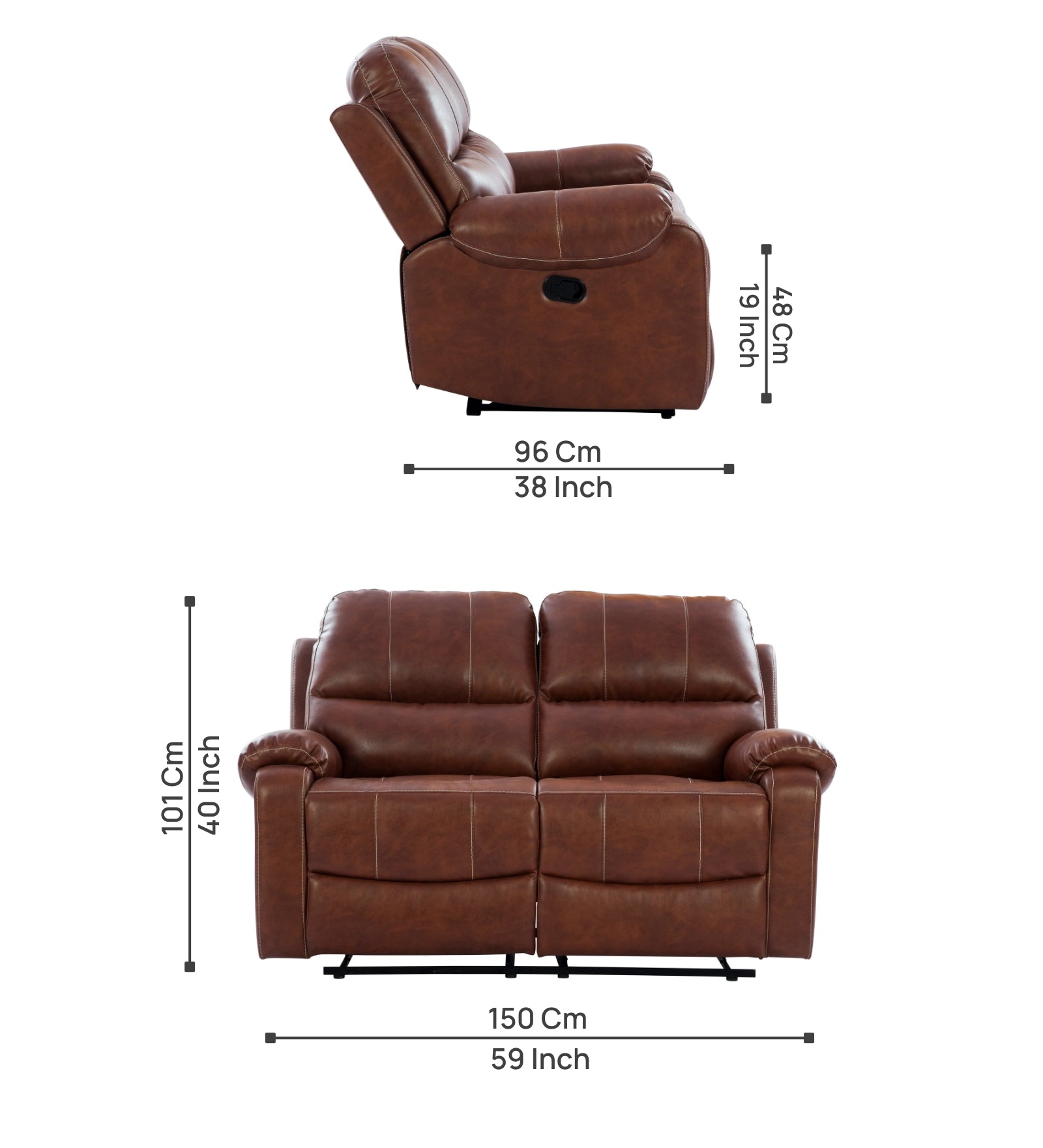Davis Leatherette 2 Seater Manual Recliner In Brown Colour
