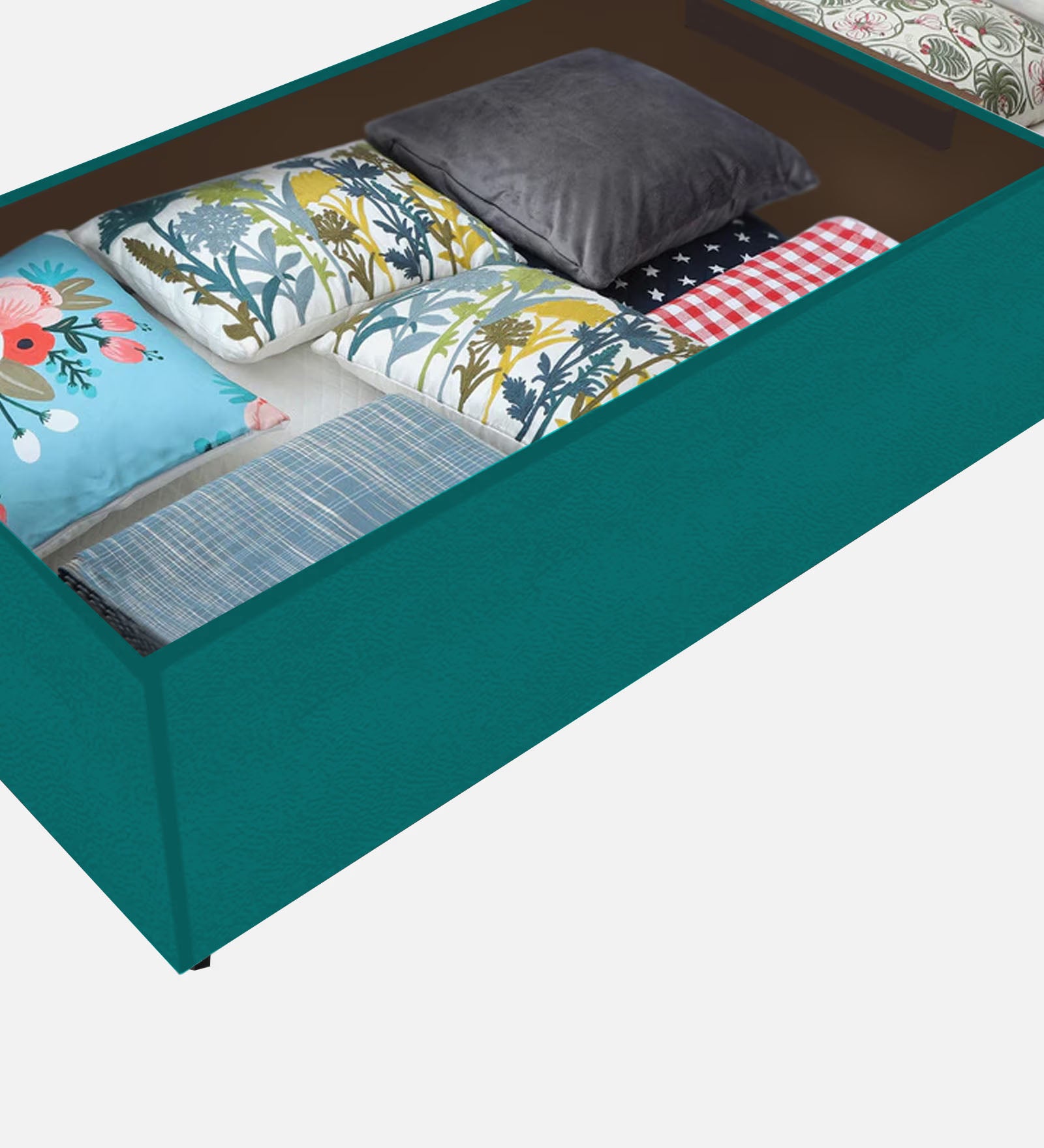 Lido Fabric Queen Size Bed In Sea Green Colour With Storage