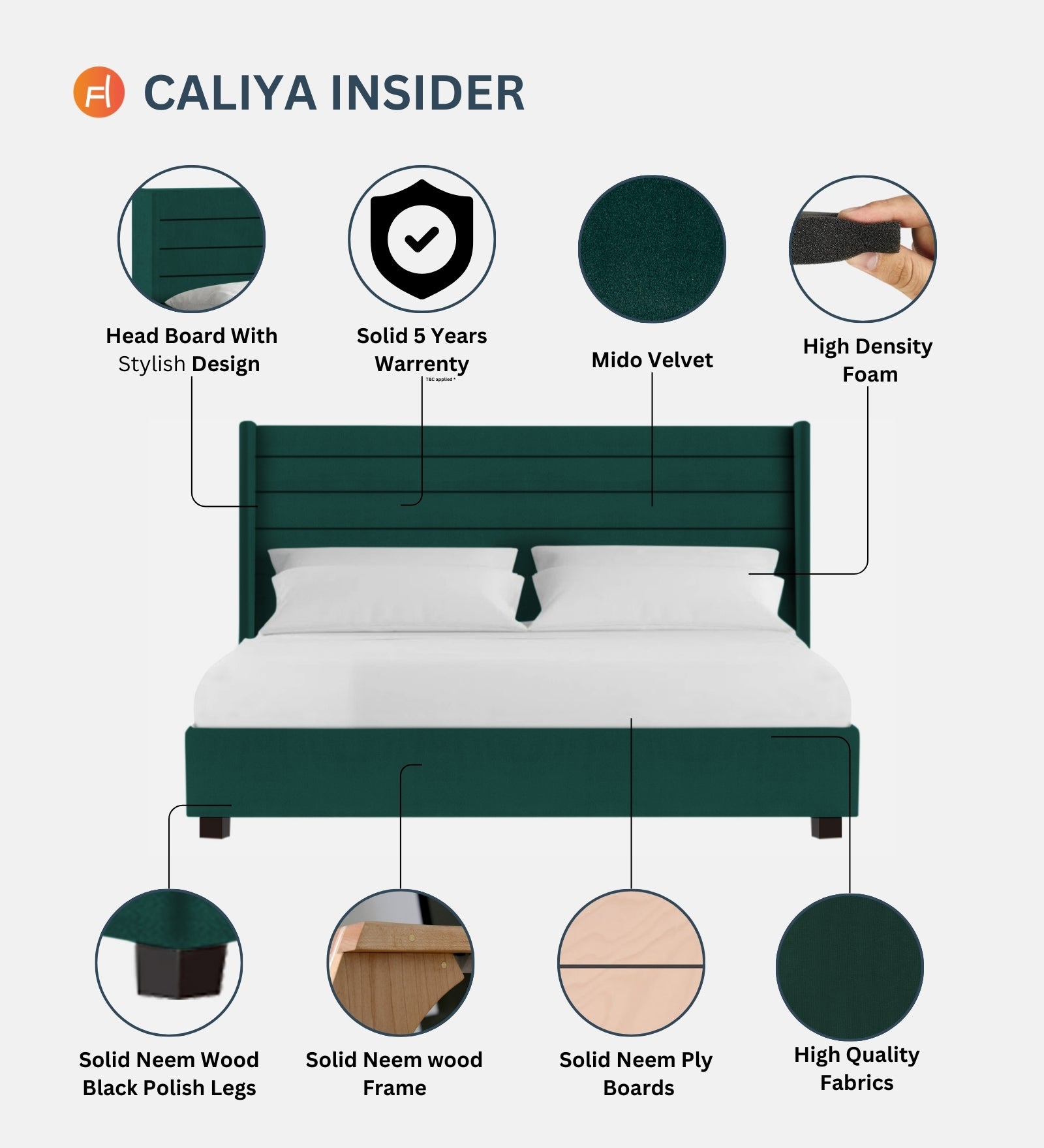 Caliya Velvet King Size Bed In Forest Green Colour