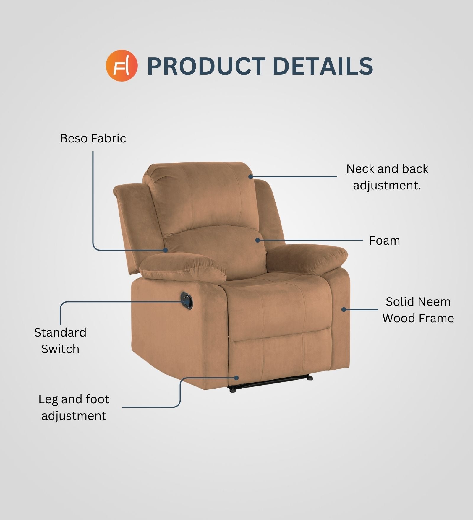 Henry Fabric Manual 1 Seater Recliner In Cara Brown Colour