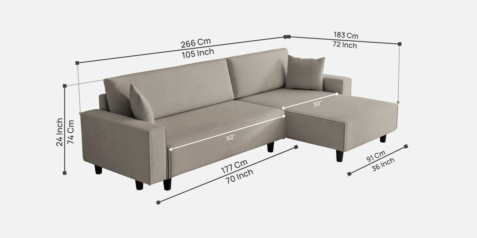 Peach Fabric RHS 6 Seater Sectional Sofa Cum Bed With Storage In Ash Grey Colour