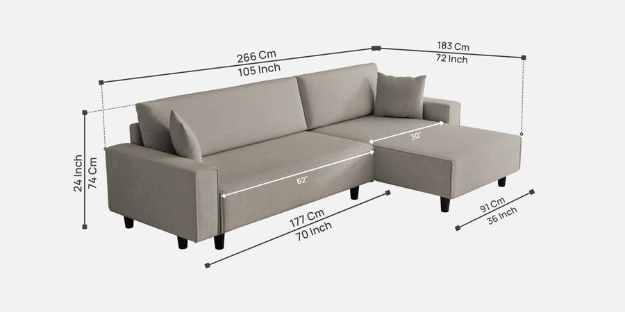 Peach Fabric Rhs 6 Seater Sofa Cum Bed With Storage In Ash Grey Colour - Febonic Living