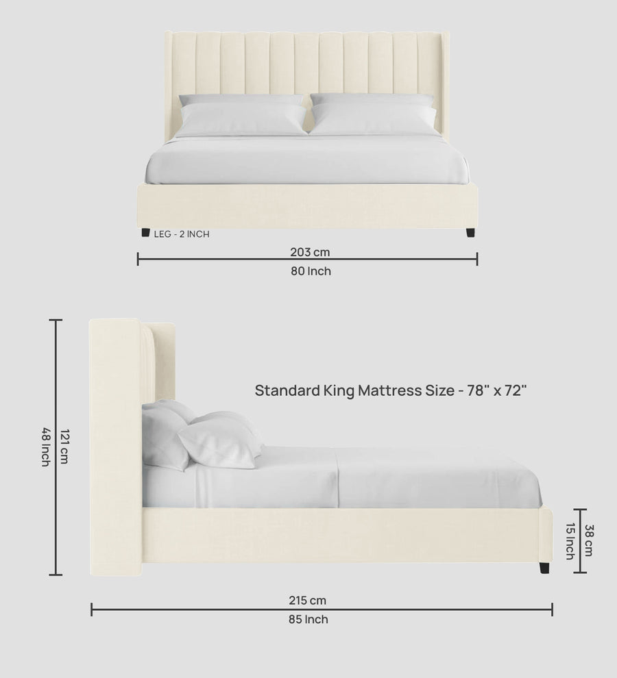 Colina Fabric Upholstered King Size Bed In Ivory Cream Colour With Box Storage - Febonic Living